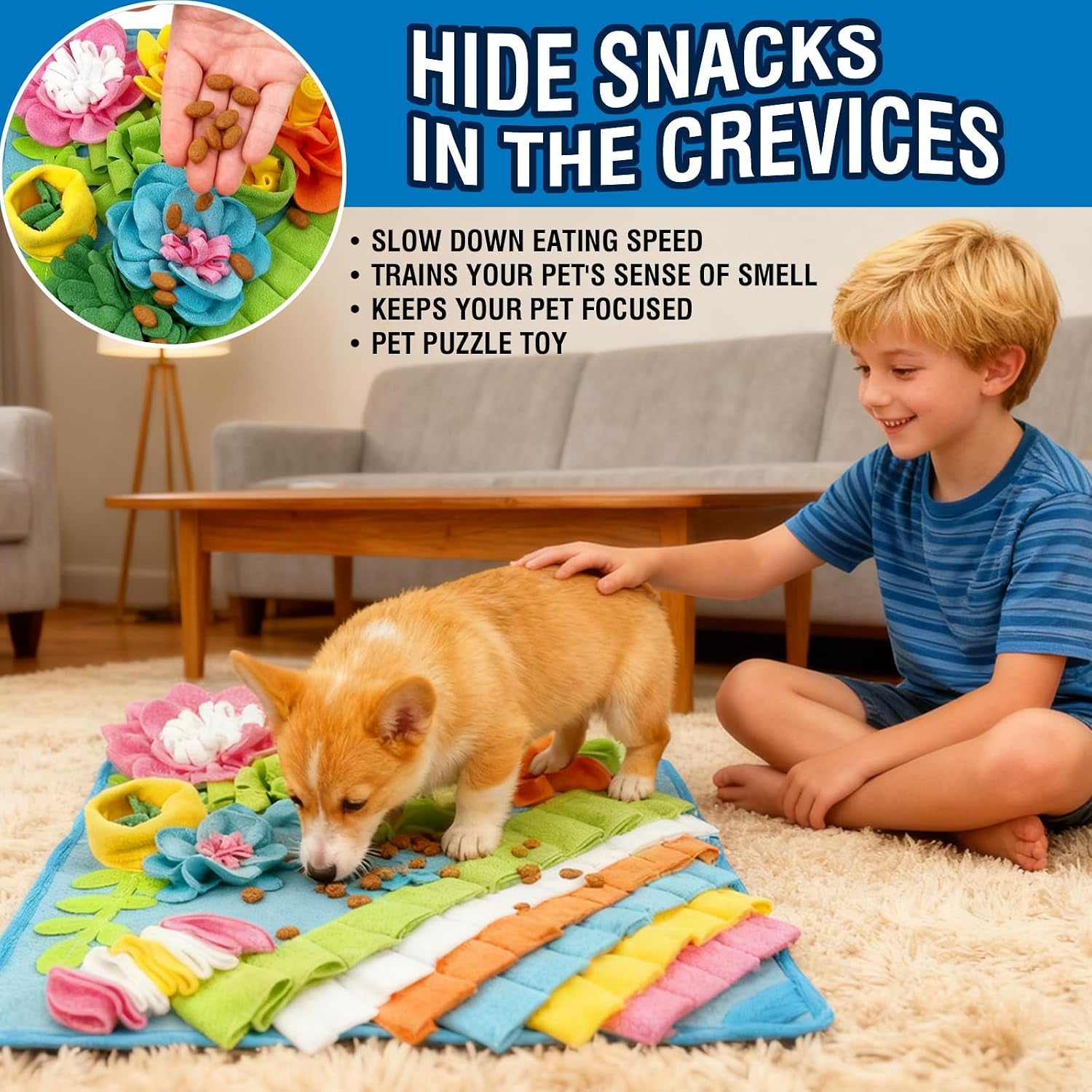 Interactive Snuffle Mat for Dogs, Cats, Puppies, and Rabbits - 15.4'' x 15.4'' Puzzle Toy for Mental Stimulation and Slow Feeding, Easy to Clean, Blue
