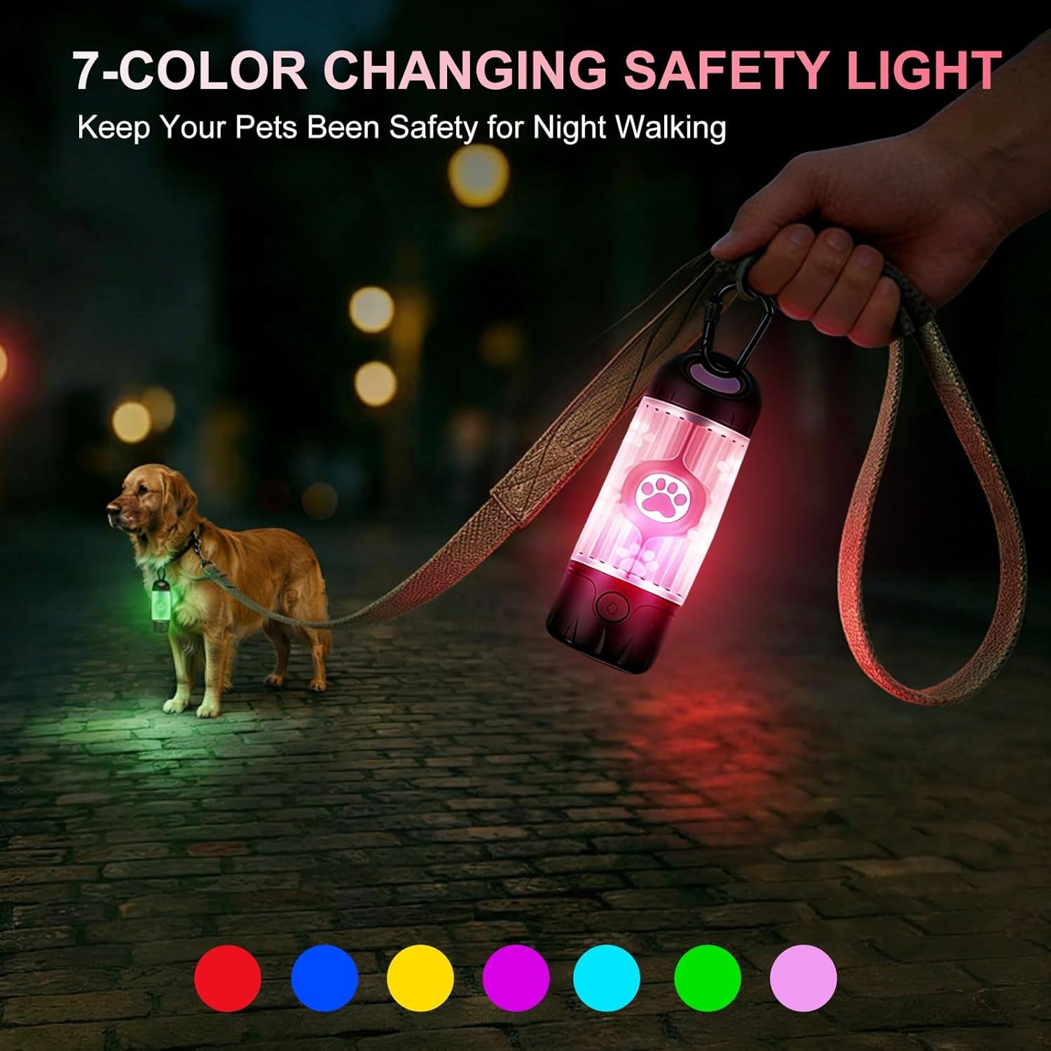 Dog Waste Bag Dispenser with Flashlight - 7-Color, USB-C Rechargeable, IPX6 Waterproof, Anti-Slip Clip, Includes 30 Bags for Leash Attachment