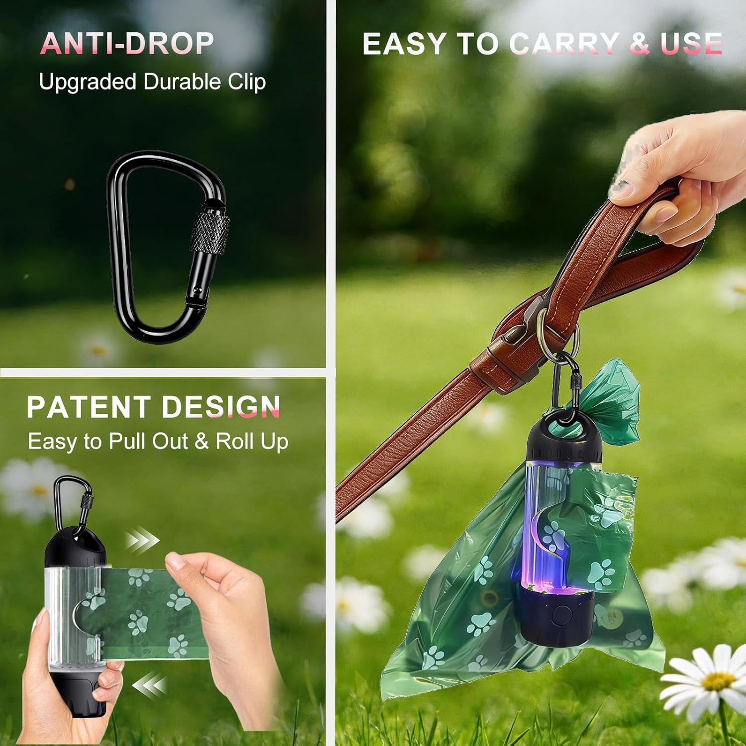 Dog Waste Bag Dispenser with Flashlight - 7-Color, USB-C Rechargeable, IPX6 Waterproof, Anti-Slip Clip, Includes 30 Bags for Leash Attachment