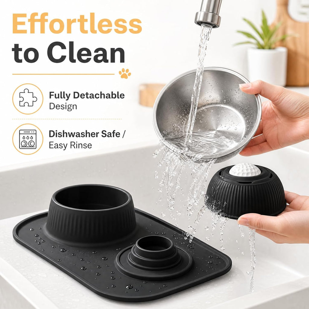 2-in-1 Stainless Steel Dog Licking Bowl with Rolling Ball and No-Spill Silicone Lick Mat, Wet-Dry Separation Slow Feeder Puzzle Toy for Dogs and Cats