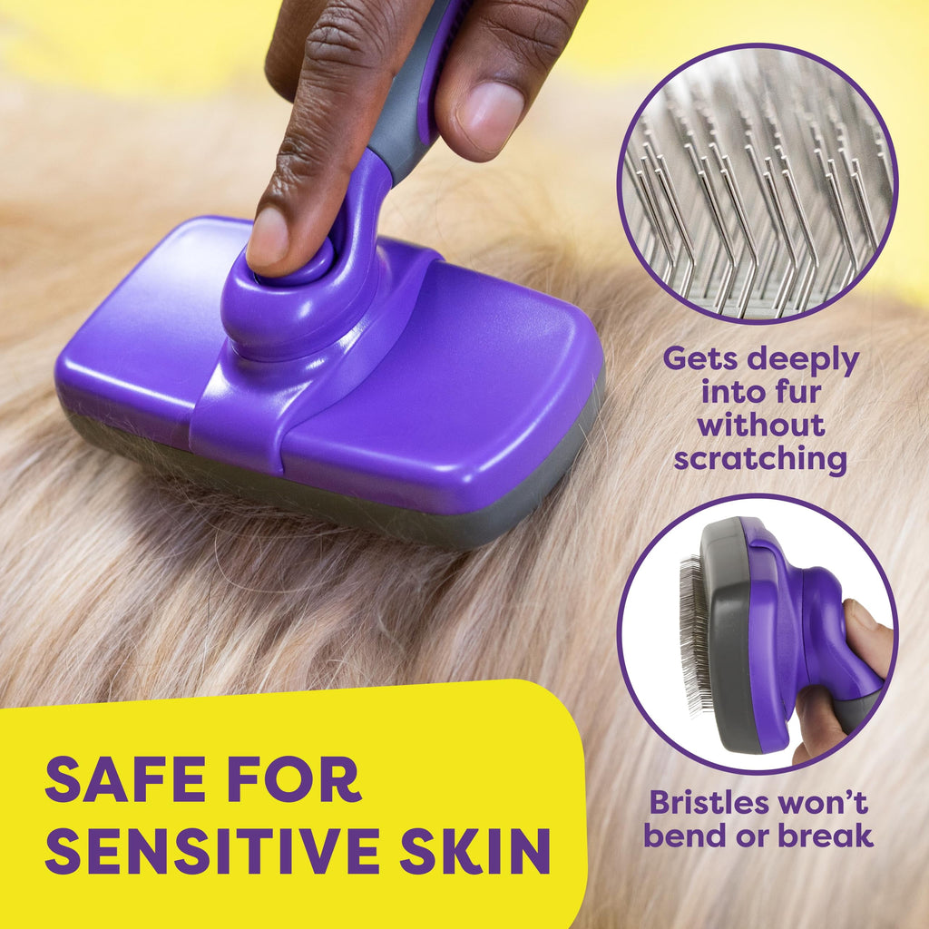 Self-Cleaning Slicker Brush for Dogs and Cats - Professional Grooming Tool for Shedding Long and Short Fur - Retractable Bristles for Easy Cleaning - Purple
