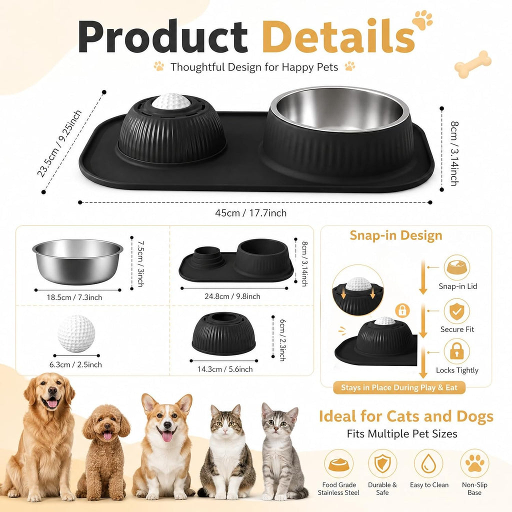2-in-1 Stainless Steel Dog Licking Bowl with Rolling Ball and No-Spill Silicone Lick Mat, Wet-Dry Separation Slow Feeder Puzzle Toy for Dogs and Cats