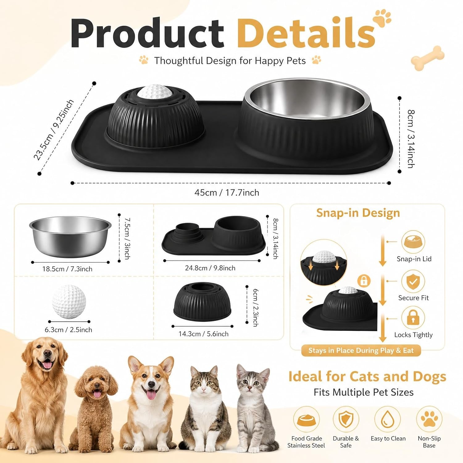 2-in-1 Stainless Steel Dog Licking Bowl with Rolling Ball and No-Spill Silicone Lick Mat, Wet-Dry Separation Slow Feeder Puzzle Toy for Dogs and Cats