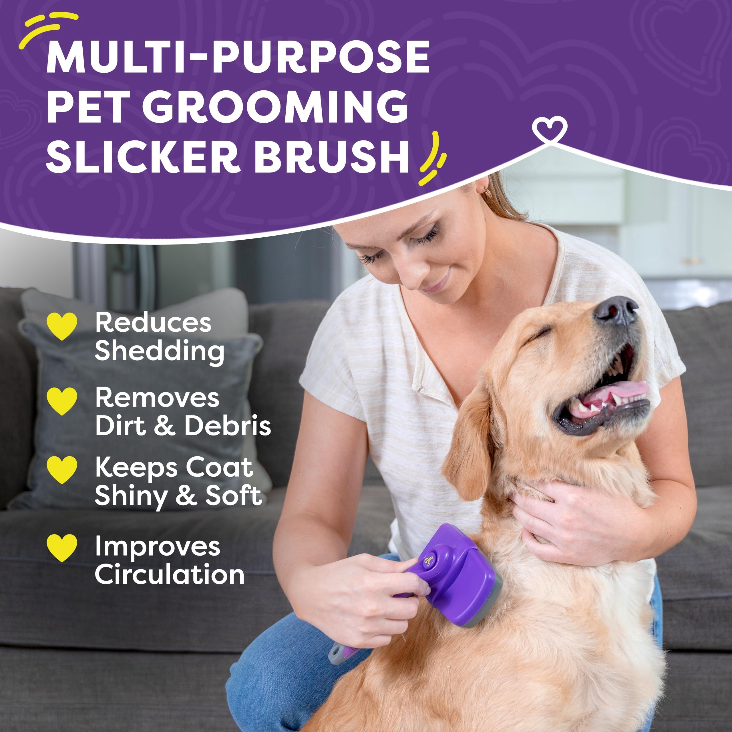 Self-Cleaning Slicker Brush for Dogs and Cats - Professional Grooming Tool for Shedding Long and Short Fur - Retractable Bristles for Easy Cleaning - Purple