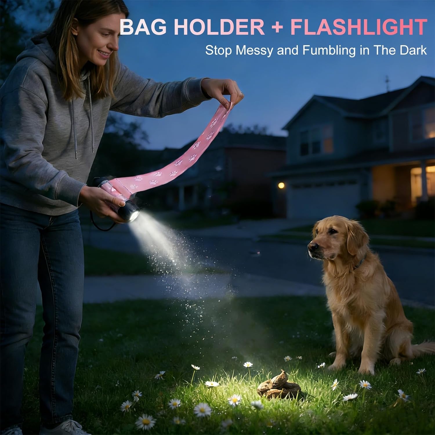Dog Waste Bag Dispenser with Flashlight - 7-Color, USB-C Rechargeable, IPX6 Waterproof, Anti-Slip Clip, Includes 30 Bags for Leash Attachment