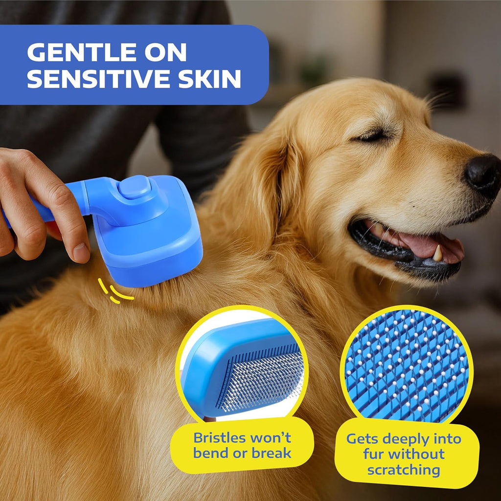 Self-Cleaning Slicker Brush for Cats and Dogs – Professional Grooming Tool for Shedding Long and Short Hair – Retractable Bristles for Easy Cleaning – Gentle Detangling – Blue