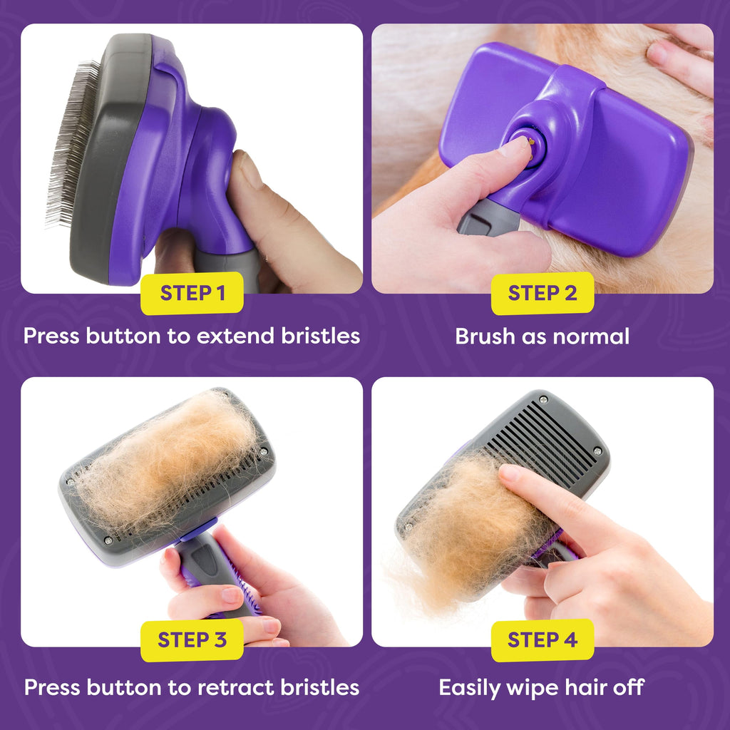 Self-Cleaning Slicker Brush for Dogs and Cats - Professional Grooming Tool for Shedding Long and Short Fur - Retractable Bristles for Easy Cleaning - Purple