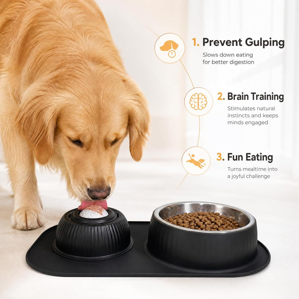 2-in-1 Stainless Steel Dog Licking Bowl with Rolling Ball and No-Spill Silicone Lick Mat, Wet-Dry Separation Slow Feeder Puzzle Toy for Dogs and Cats