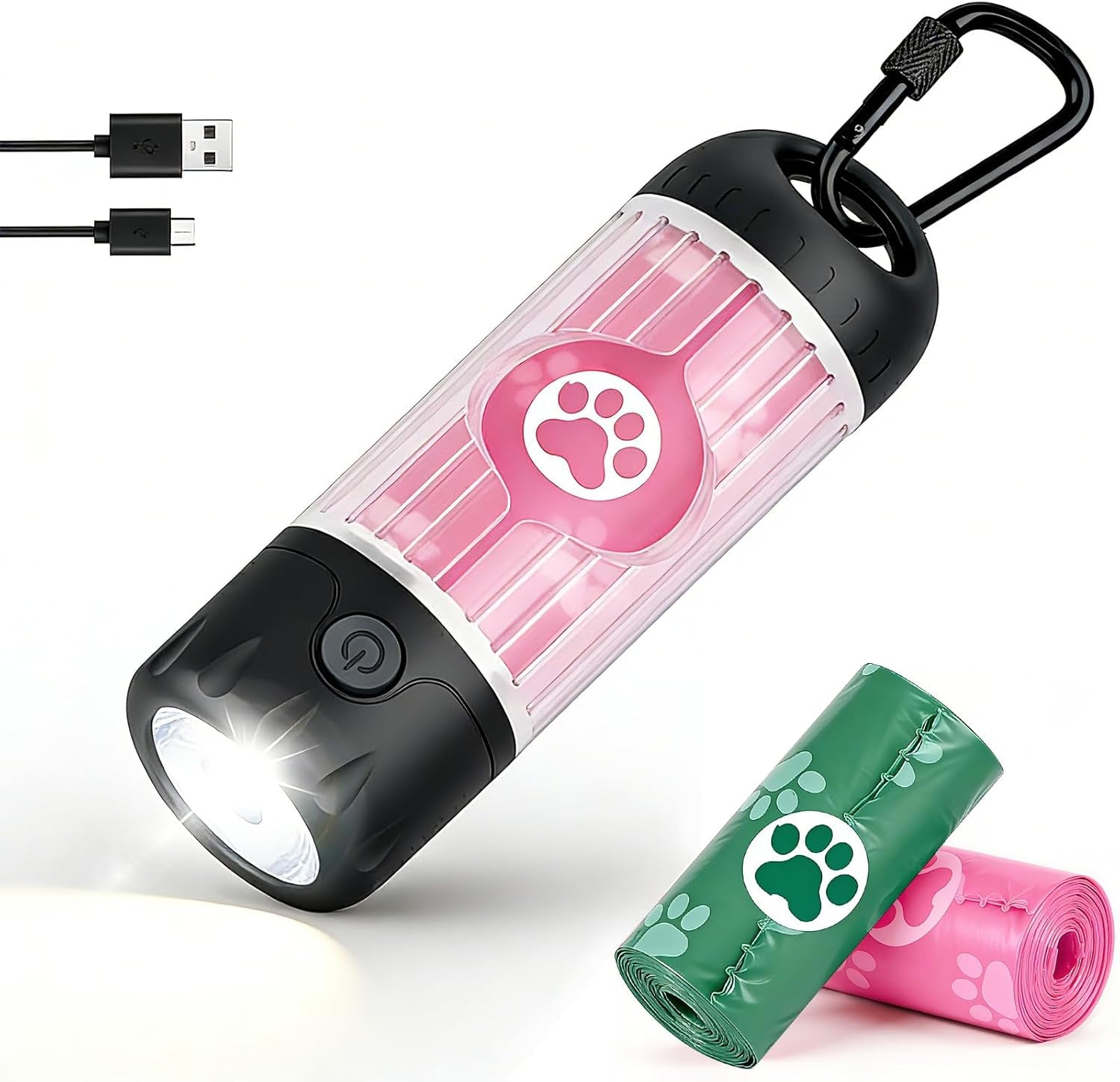 Dog Waste Bag Dispenser with Flashlight - 7-Color, USB-C Rechargeable, IPX6 Waterproof, Anti-Slip Clip, Includes 30 Bags for Leash Attachment