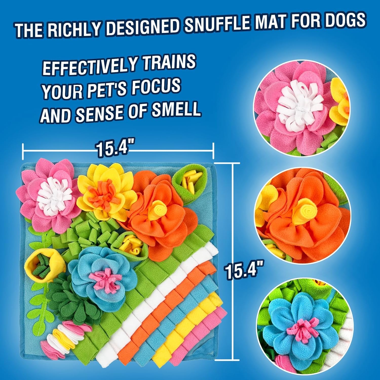 Interactive Snuffle Mat for Dogs, Cats, Puppies, and Rabbits - 15.4'' x 15.4'' Puzzle Toy for Mental Stimulation and Slow Feeding, Easy to Clean, Blue