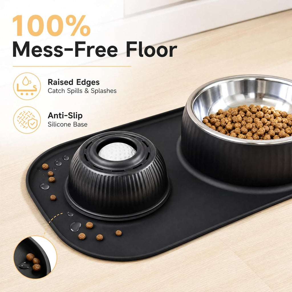 2-in-1 Stainless Steel Dog Licking Bowl with Rolling Ball and No-Spill Silicone Lick Mat, Wet-Dry Separation Slow Feeder Puzzle Toy for Dogs and Cats