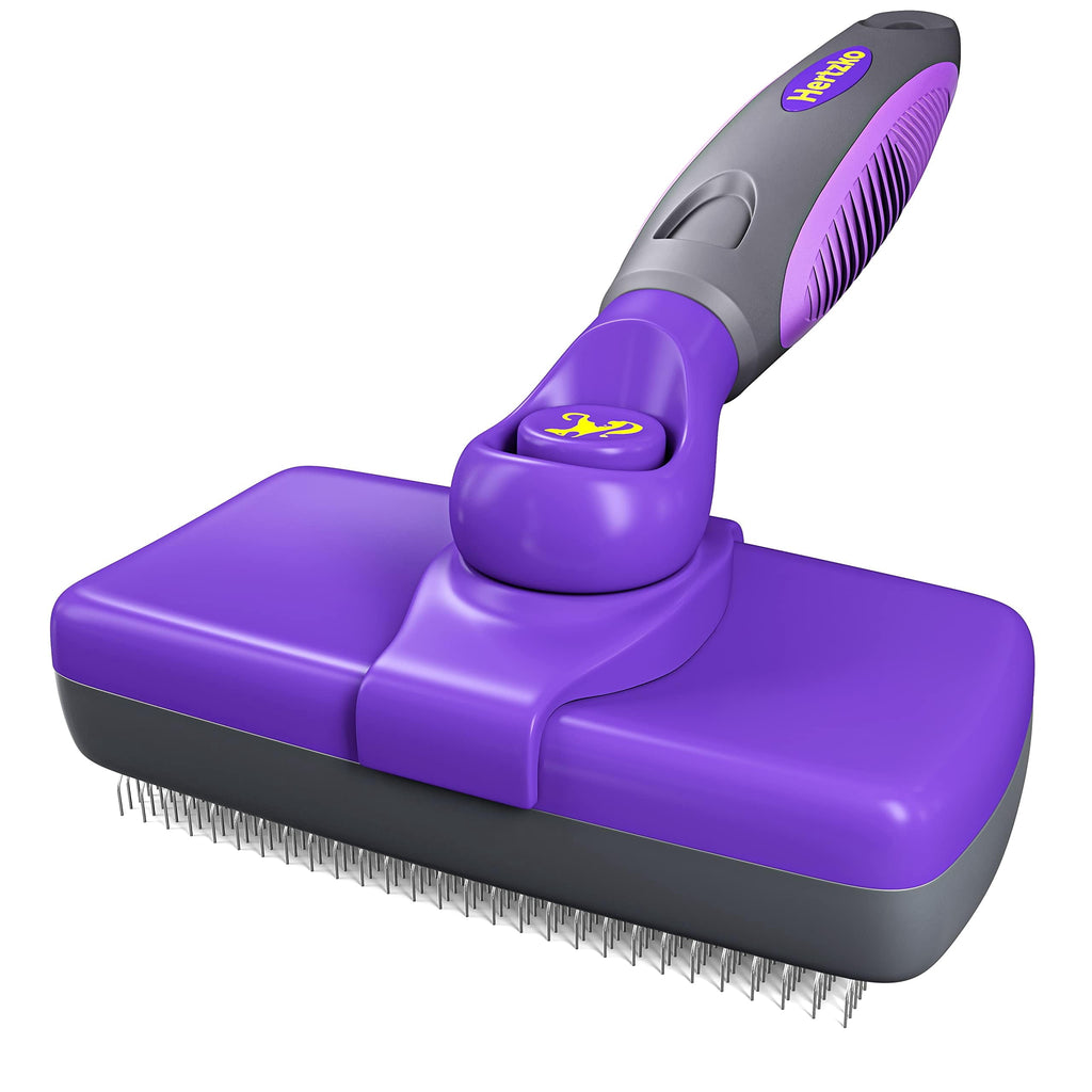 Self-Cleaning Slicker Brush for Dogs and Cats - Professional Grooming Tool for Shedding Long and Short Fur - Retractable Bristles for Easy Cleaning - Purple