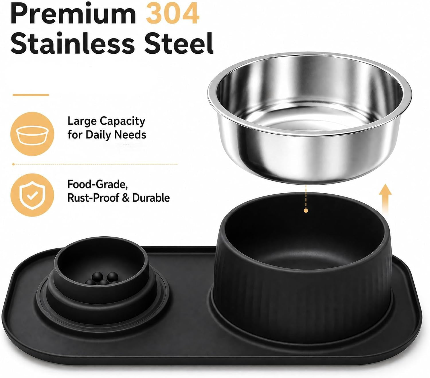 2-in-1 Stainless Steel Dog Licking Bowl with Rolling Ball and No-Spill Silicone Lick Mat, Wet-Dry Separation Slow Feeder Puzzle Toy for Dogs and Cats
