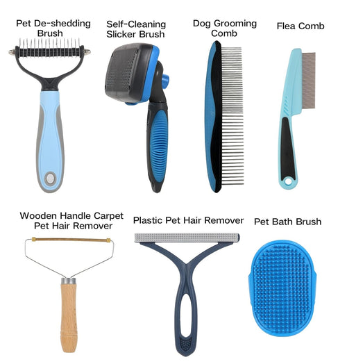 7-in-1 Pet Deshedding Tool and Grooming Brush Set for Dogs | Includes Deshedding Brush, Flea Comb, Grooming Comb, and Hair Remover for Carpet and Bath