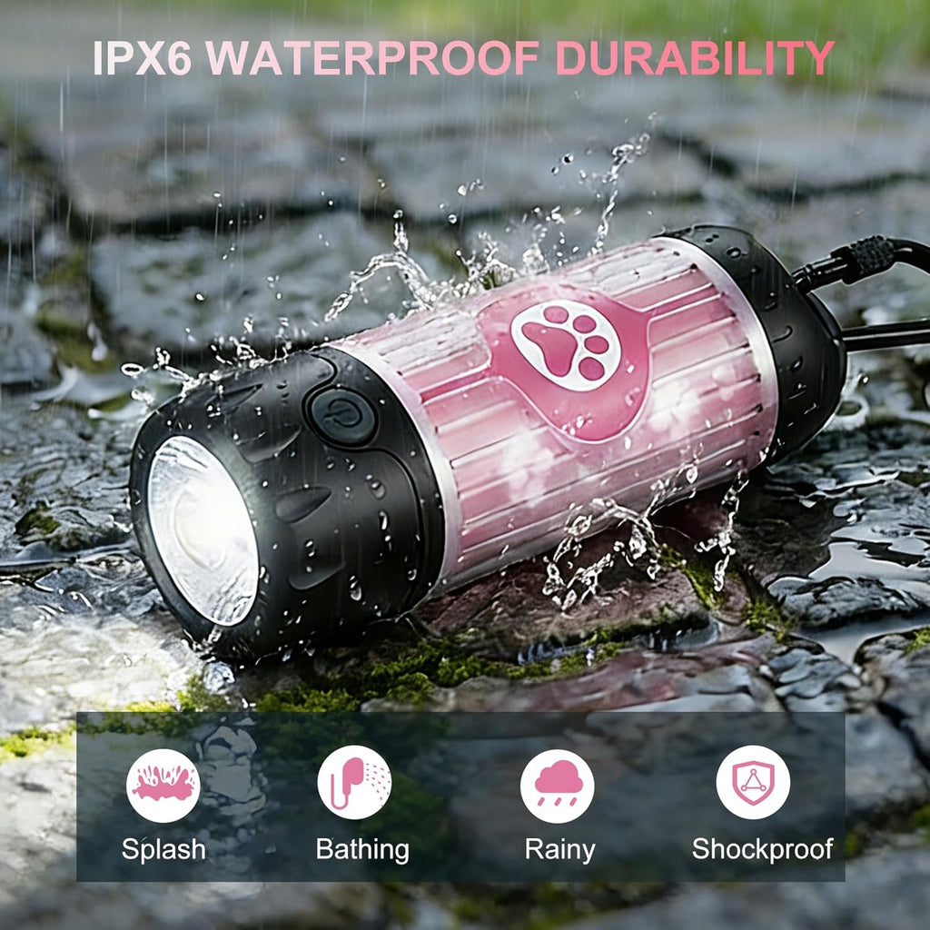 Dog Waste Bag Dispenser with Flashlight - 7-Color, USB-C Rechargeable, IPX6 Waterproof, Anti-Slip Clip, Includes 30 Bags for Leash Attachment