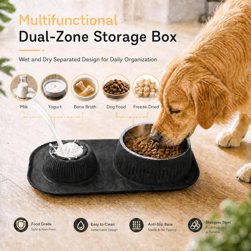 2-in-1 Stainless Steel Dog Licking Bowl with Rolling Ball and No-Spill Silicone Lick Mat, Wet-Dry Separation Slow Feeder Puzzle Toy for Dogs and Cats