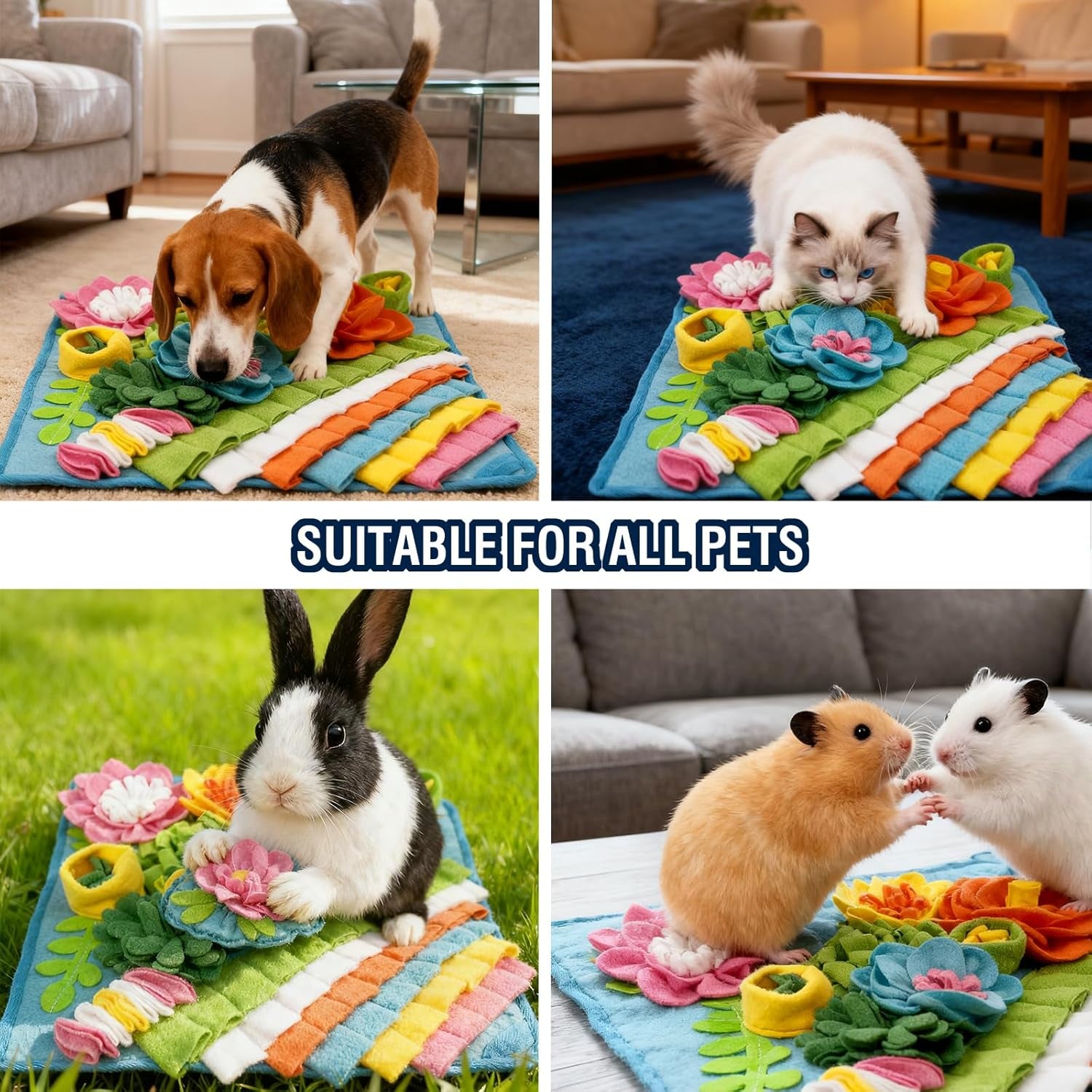 Interactive Snuffle Mat for Dogs, Cats, Puppies, and Rabbits - 15.4'' x 15.4'' Puzzle Toy for Mental Stimulation and Slow Feeding, Easy to Clean, Blue