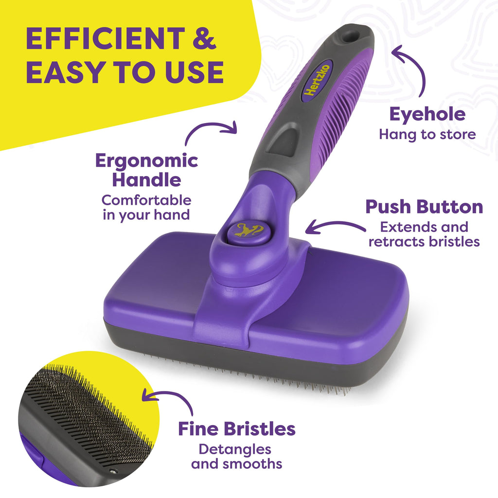 Self-Cleaning Slicker Brush for Dogs and Cats - Professional Grooming Tool for Shedding Long and Short Fur - Retractable Bristles for Easy Cleaning - Purple