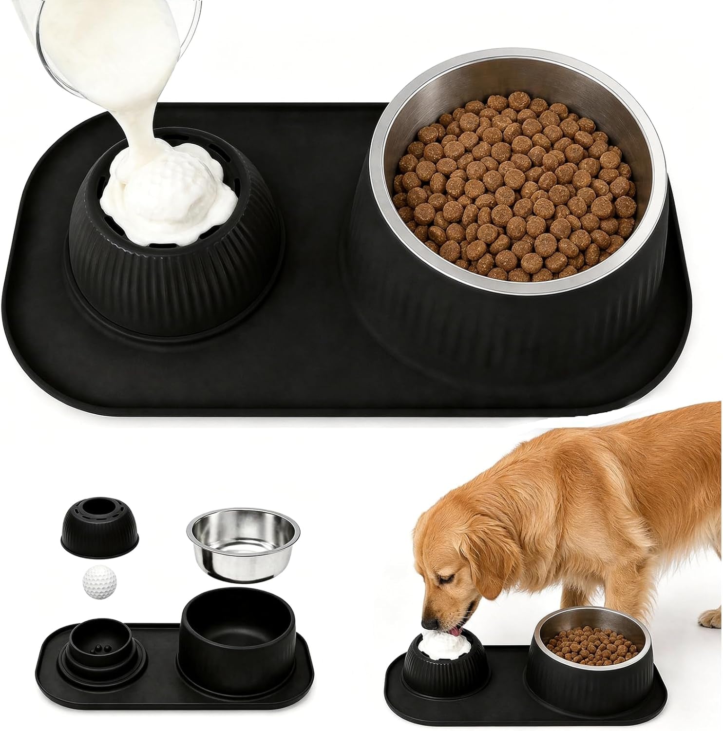 2-in-1 Stainless Steel Dog Licking Bowl with Rolling Ball and No-Spill Silicone Lick Mat, Wet-Dry Separation Slow Feeder Puzzle Toy for Dogs and Cats