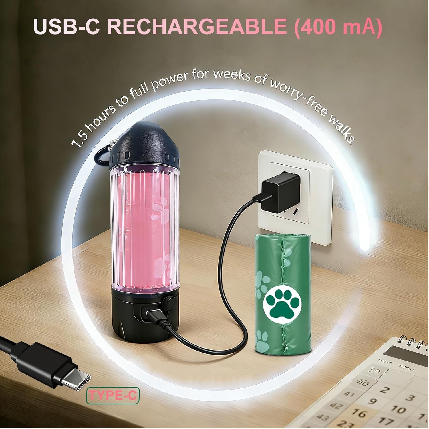 Dog Waste Bag Dispenser with Flashlight - 7-Color, USB-C Rechargeable, IPX6 Waterproof, Anti-Slip Clip, Includes 30 Bags for Leash Attachment